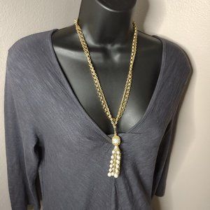Two Layer Gold Tone Metal Tassel Necklace With White Beads 23 Inches Long